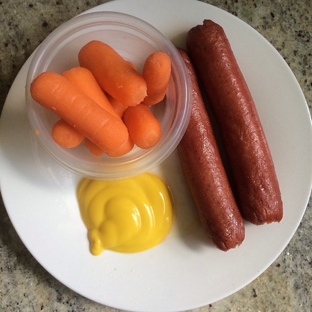 Day 2, lunch - #Whole30. (Applegate grassfed all beef hot dogs, mustard, carrots)