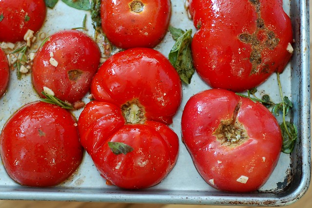 A tray of heirloom tomatoes with garlic and herbs heading into the oven by Eve Fox, the Garden of Eating, copyright 2014