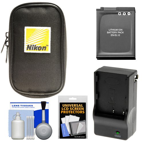 Nikon Coolpix Nylon Digital Camera Carrying Case with EN-EL12 Battery &amp; Charger + Accessory Kit for AW110, AW120, P330, P340, S800c, S9500 &amp; S9700