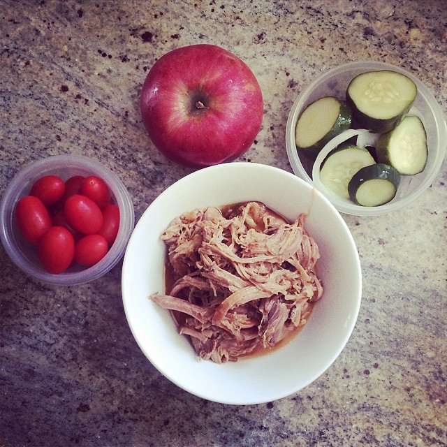 Day 2, #Whole30 - Late breakfast/early lunch. (overnight crockpot pulled pork, homemade garlic pickles, cherry tomatoes, & an apple)
