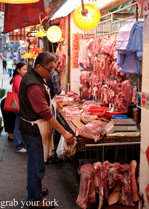 Butcher shop at the Gage Street market in the Central district, Hong Kong