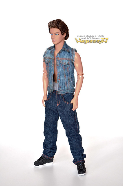 Ken doll in 1/ 6 scale custom made jean jacket with cut off sleeves and baggy blue hip hop rapper jeans pants