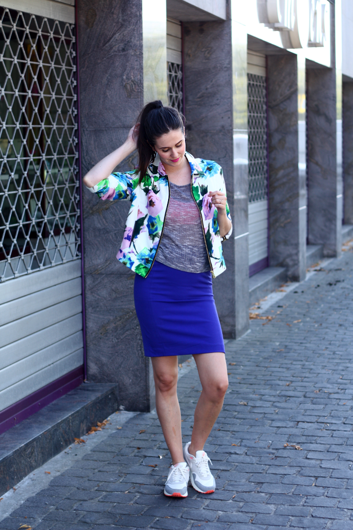 nike air max outfit floral jacket pencil skirt