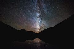 The Milky Way shines bright as it reflects in Crystal Lake along the Red Mountain Pass in Colorado
