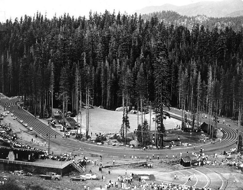 Nestled among pine trees in the Eldorado National Forest, an Olympic-sized track offered athletes an opportunity to train at high altitude. The U.S. Track and Field Trials were held at the facility several months prior to the Summer Olympic Games, which took place in Mexico City. (Courtesy Track & Field News)