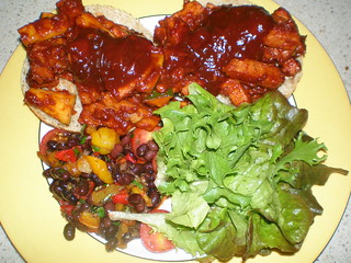 Tempeh and Sweet Peppers with Bourbon-Spiked Barbecue Sauce; Sweet Pepper and Balsamic Bean Salad (TGOV)