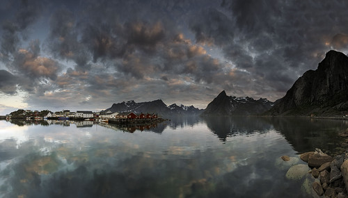 ocean blue houses sunset sea sky panorama cloud sun mountains reflection nature water norway clouds canon reflections landscape rocks europe day village angle cloudy pano wide dramatic midnight land fjord drama 1740mm 1740 midnightsun 6d canon6d