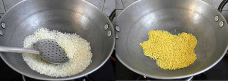frying rice and dal for sakkarai-pongal