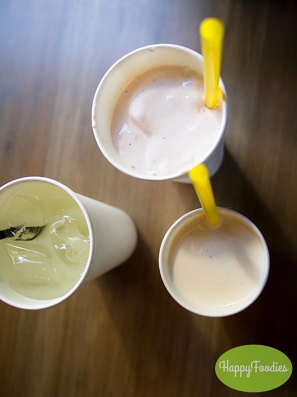 Clockwise: Strawberry,  peanut butter milkshakes and a lemonade