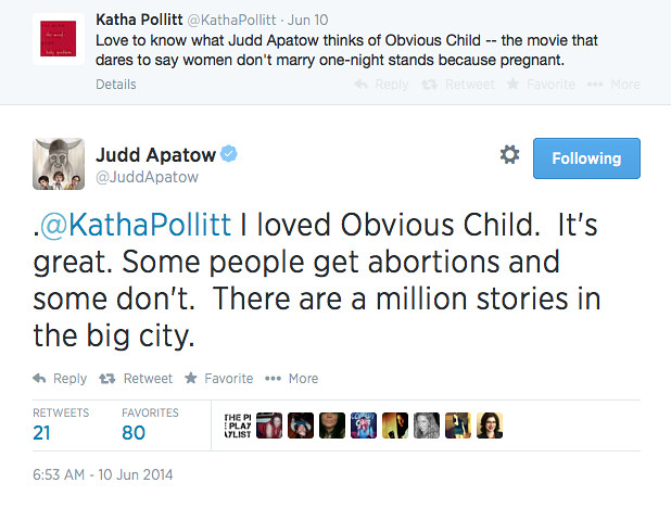 twitter exchange between Katha Pollitt and Judd Apatow