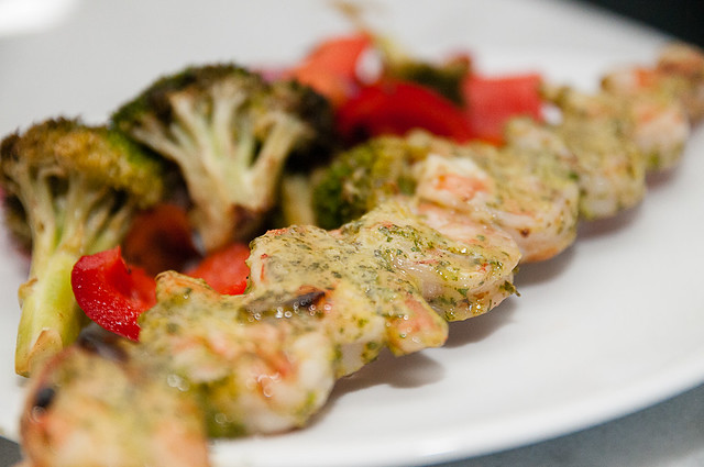honey-garlic-cilantro shrimp skewers and grilled veggies