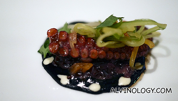 Close-up of the octopus. This is one of Chef Gallagher's proudest creation. The octopus is cooked to perfection such that it is soft and tender in texture. 