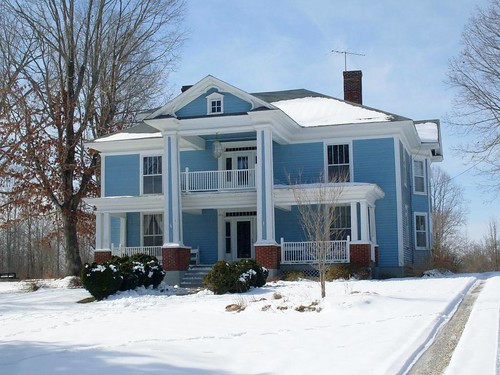 door blue windows winter house snow building home architecture virginia balcony gingerbread structure driveway column panels residence posts façade neoclassical portico balustrade phenix baywindow vergeboard charlottecounty classicalrevival bargeboard sidelights frontgable entryporch