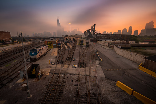 street railroad morning bridge light chicago color tower fog 30 skyline clouds yard sunrise nikon long exposure downtown cloudy 10 sears rail trains 18th stop nd nikkor metra f4 willis density amtrack neutral d600 1635mm