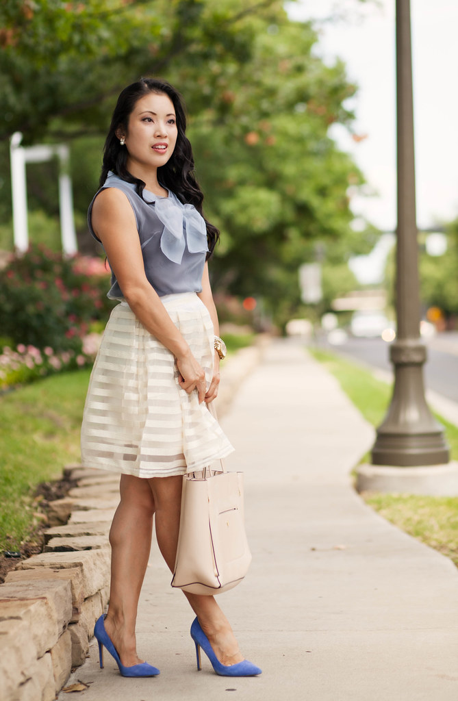 cute & little blog | petite fashion | grey bow organza top, white striped organza pleated skirt | summer outfit