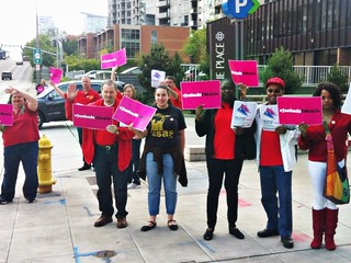 CWAers, joined by student activists from United students Against Sweatshops and AFL-CIO union supporters, leafleted outside the T-Mobile annual meeint in Bellevue, WA. 