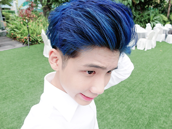 typicalben blue hair white shirt