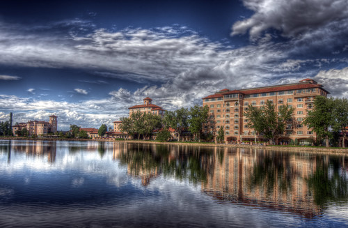 blue sky lake reflection water architecture clouds hotel colorado historic resort coloradosprings rockymountains broadmoor 201408