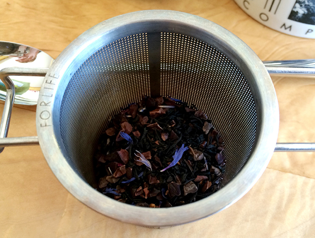 Stash Tea's Portland Blend, tea leaves in the strainer