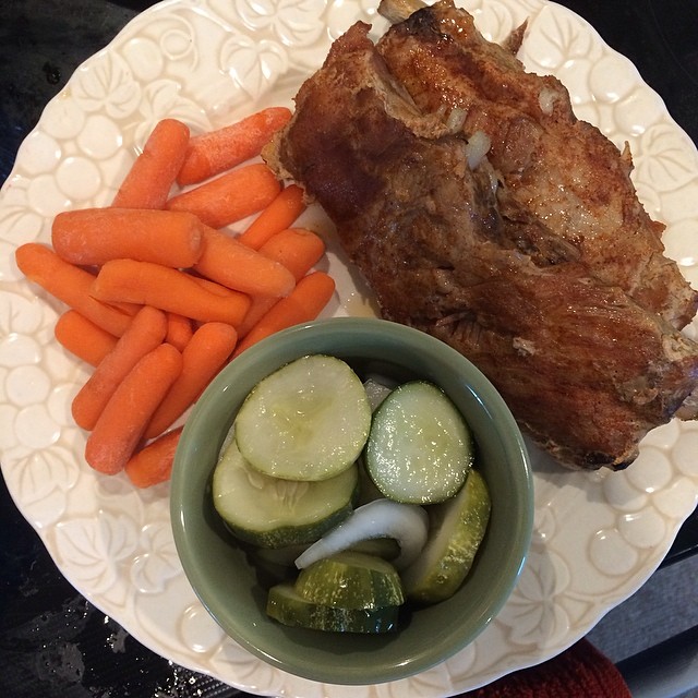 Day 7, #Whole30 - dinner (slow cooked ribs, steamed carrots, and pickles)