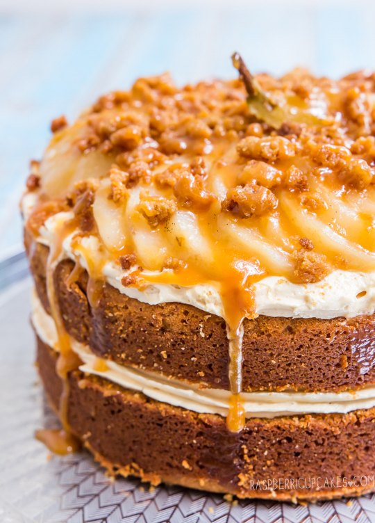 Caramel Mud Cake with Salted Caramel Icing, Crumble and Vanilla Poached Pears