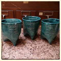 Three more mugs making the Fiber-In cut - fresh out of the kiln. Nothing like cutting it close! #ceramics #mugs