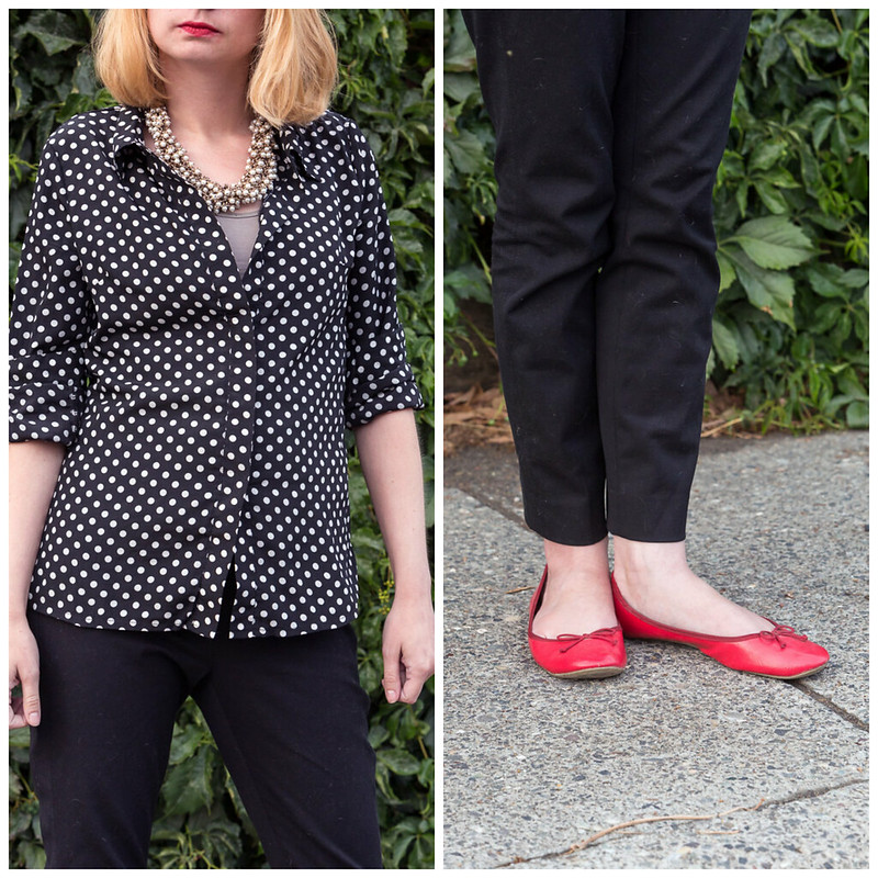 polka dot shirt, popbasic, black pants, red shoes, never fully dressed, withoutastyle, 