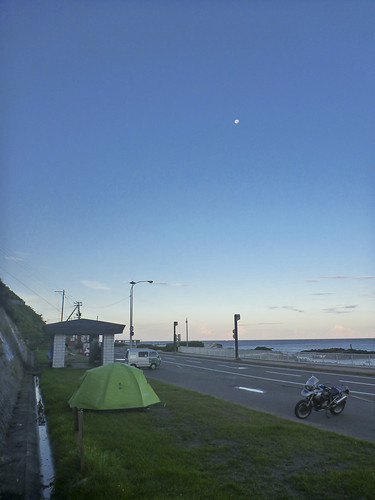blue camping sea camp sky moon green nature bike japan hokkaido motorcycle touring r1200gs