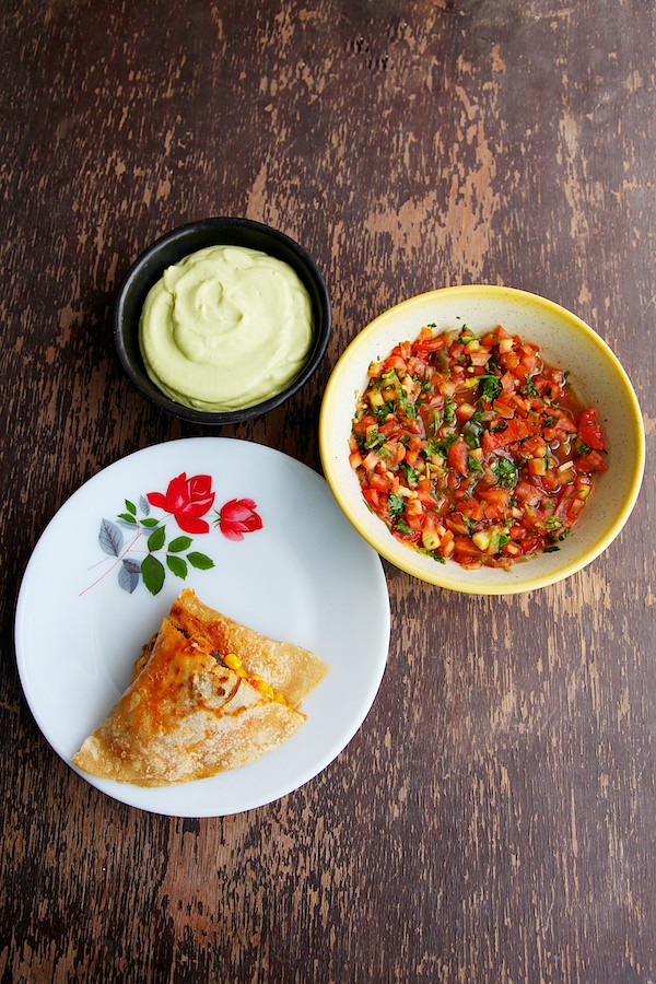 Smoky Vegetable Quesadillas With Fresh Tomato Salsa And Guacamole