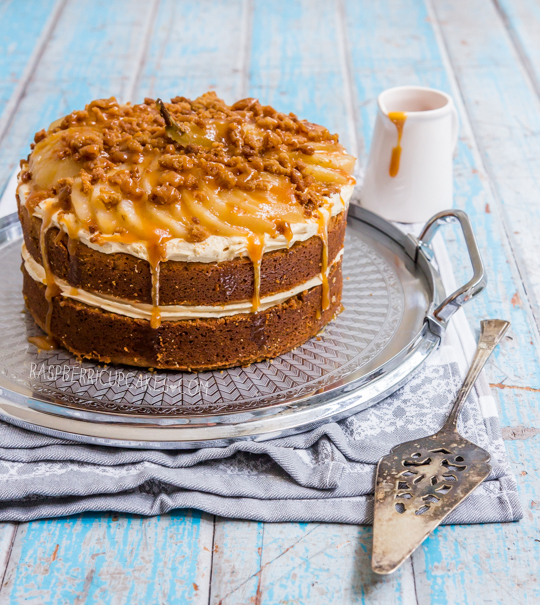 Caramel Mud Cake with Salted Caramel Icing, Crumble and Vanilla Poached Pears