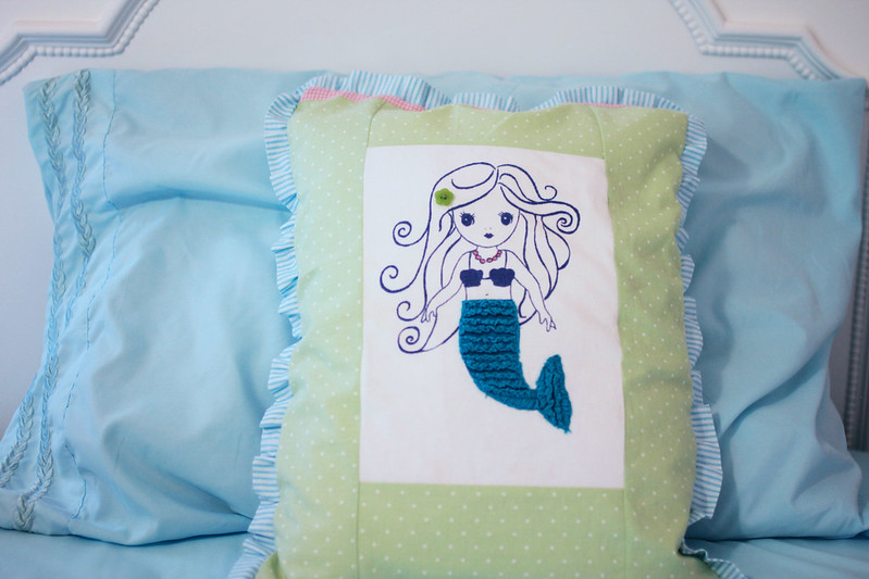 Comfy Mermaid Pillow and Blue Sheets