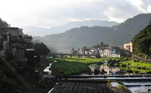 morning houses light summer mist mountains japan sunrise river view august scene viewpoint 2009 27th tottori misasa