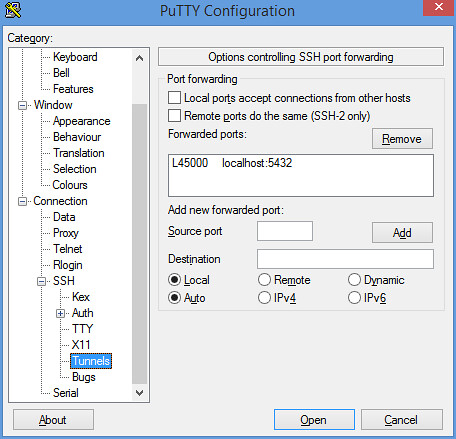 Port forwarding configured in putty