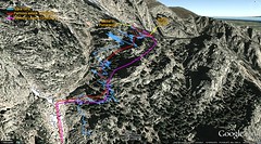 Carte Google Earth 3D des couloirs de Bocca Purcaraccia dans le Giru di Vangoni avec les différentes traces relevées ou estimées
