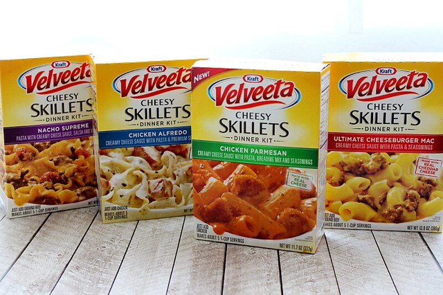 Velveeta Cheesy Skillets boxes with each variety offered.
