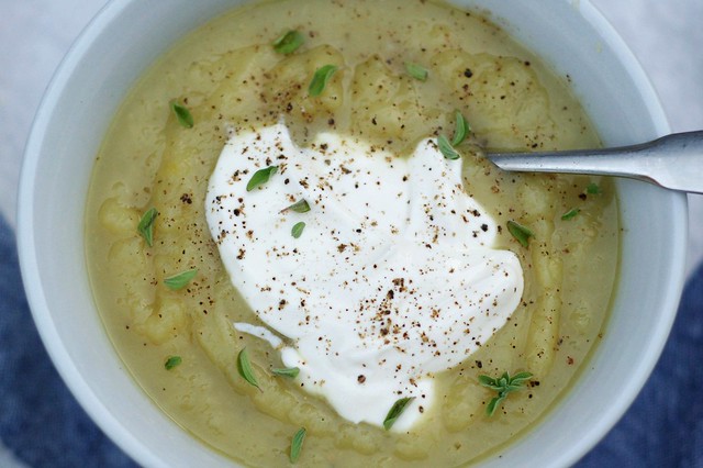 Sunchoke & sweet potato soup with sour cream
