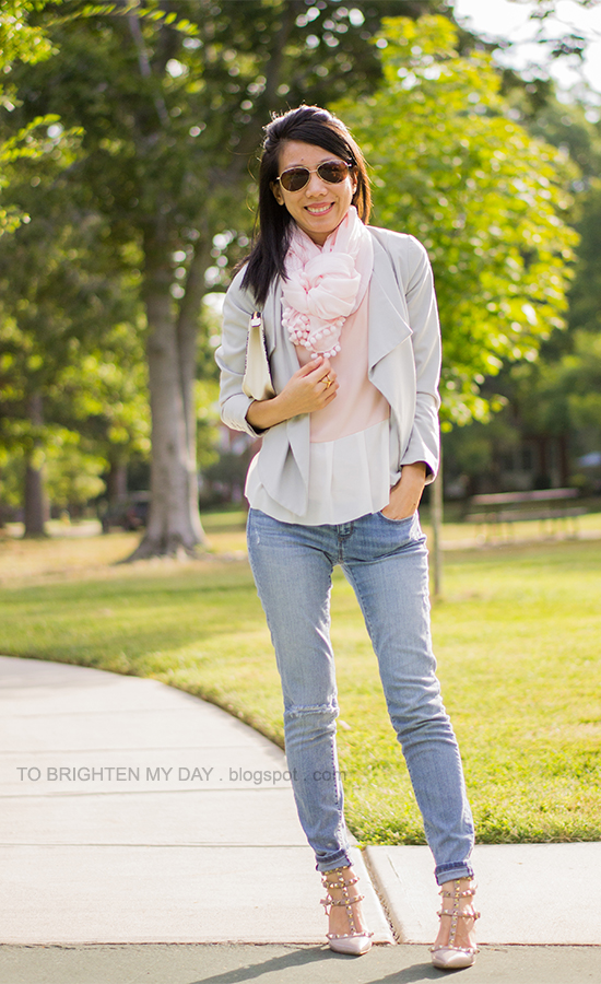 pink scarf, gray draped blazer, colorblocked peplum top, lace printed clutch, studded heels
