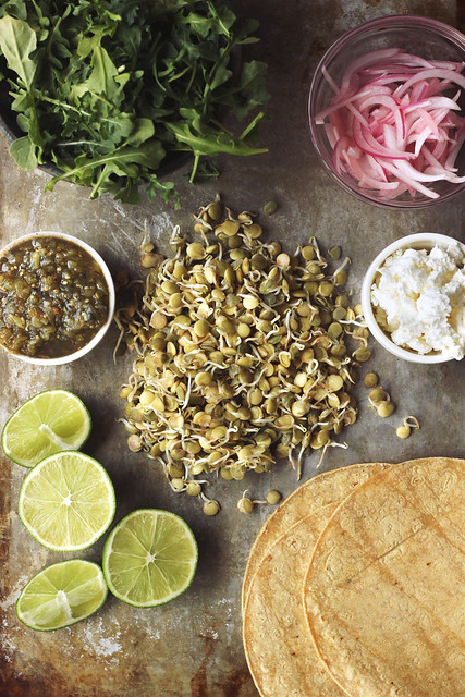 Sprouted Lentil Tacos with Arugula and Feta