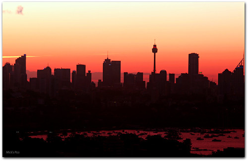 city sunset red color colour silhouette skyline clouds canon boats flickr sundown harbour sydney australia nsw newsouthwales sydneyharbour centrepoint cityskyline moorings centrepointtower canonphotography mickspics