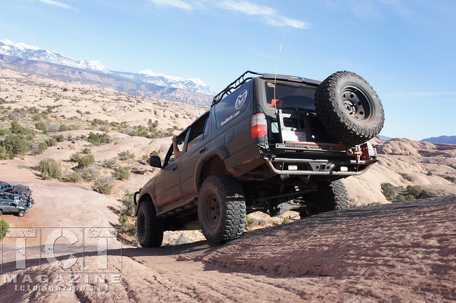 4Runners in Moab | Tyler descends from Hell’s revenge in his 2000 4Runner with the La Sal Mountains in the background.