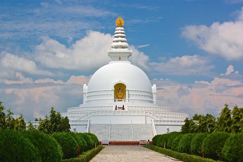World Peace Pagoda at Lumbini, closer, with two Buddhist monks