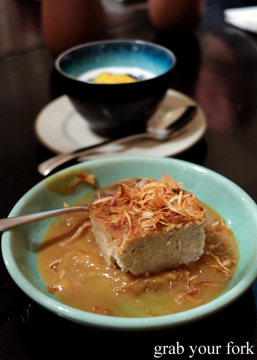 Baked taro cake with fried shallot and durian coconut milk Thai dessert at Surry Hills Eating House