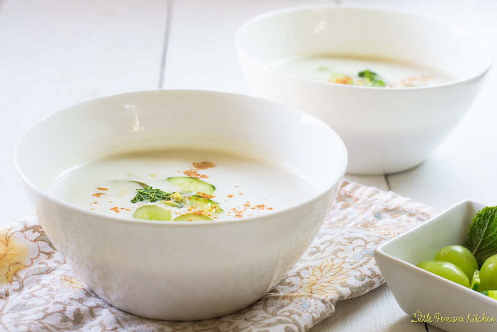 This easy to whip up and incredibly refreshing White Gazpacho is made with nutty almonds, sweet grapes and cool cucumbers to balance it all together for a perfectly cool summer soup.