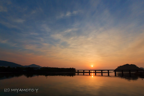 morning bridge sea sky cloud sun reflection japan sunrise river nango kyushu habor miyazakipref