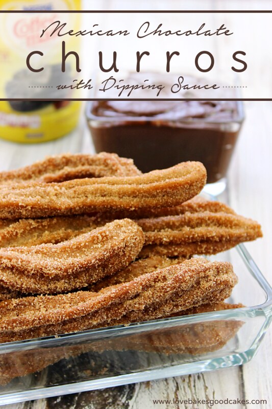 Mexican Chocolate Churros with Dipping Sauce in a clear dish with dipping sauce.