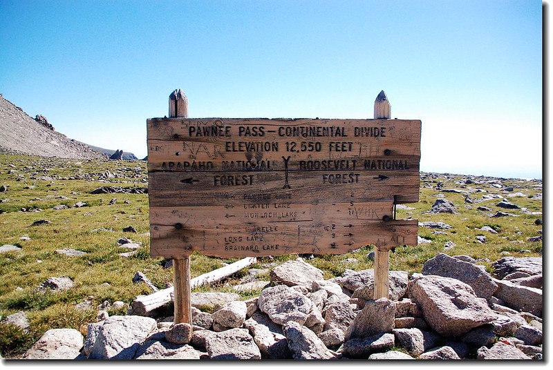 Pawnee Pass marked by sign on Continental Divide