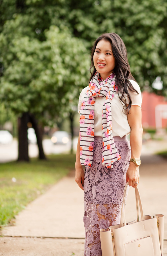 cute & little blog | petite fashion | jcrew floral stripe summer scarf, crochet lace midi skirt | summer outfit