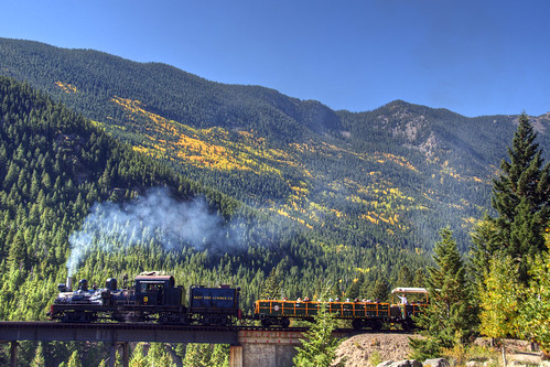 railroad bridge blue sky mountain tree fall landscape colorado loop smoke engine rail georgetown steam foliage locomotive aspen railfan