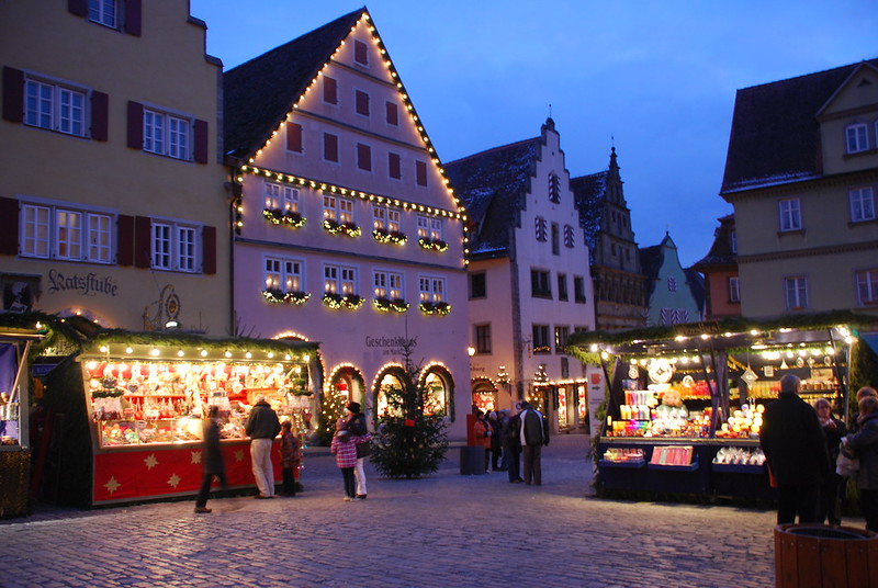 Christmas Market on Main Square in Rothenburg ob der Tauber, Bavaria, Germany