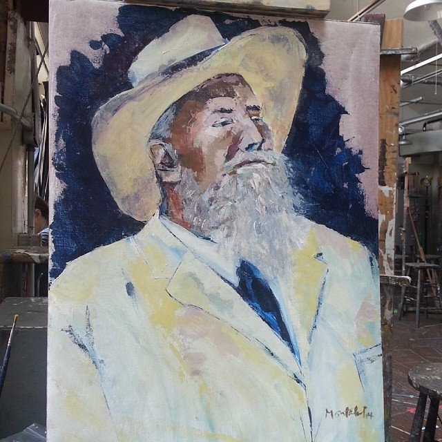 Henry I Acrylic on canvas 18x24 inches July 21, 2014  Changed seats in class today and played with the palette knife. Will try a full portrait tomorrow.  #nyc #art #painting #acrylic #figure #live #male #hat #suit #white #artstudentsleagueofnewyork